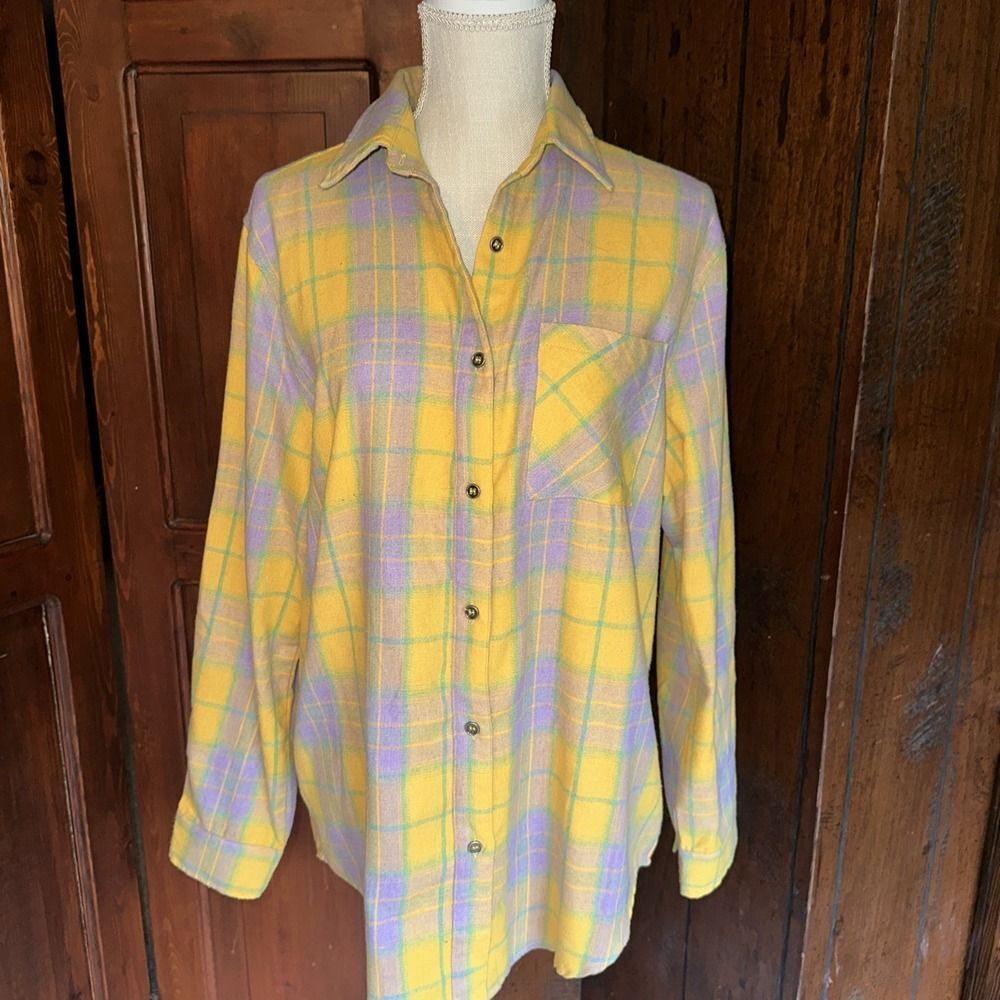 La Miel Flannel Shirt Women's Small‎ Yellow Plaid Long Sleeve Button Up EUC
